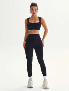 Dewbera 女士简约撞色装饰无钢圈运动文胸和紧身裤套装 - 黑色 - 查看 8