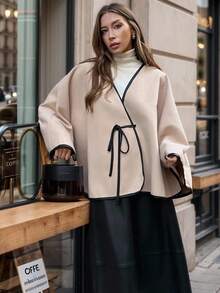 Chiquease Women's Tie Front Woolen Cloak Jacket, Waist Cinched, Fashion & Versatile - Khaki - View 4