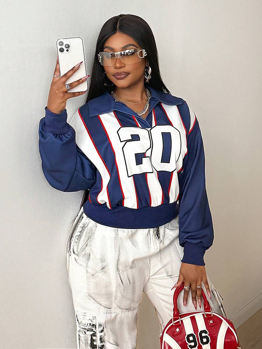 Maweii Autumn/Winter Colorblock Striped Numeric Print Casual Streetwear Pullover Sweatshirt, Loose Fit Plus Size For Young Women