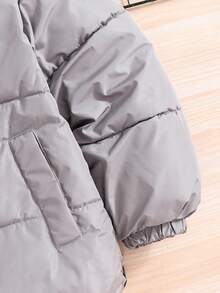 SHEIN Tween Girl Solid Color Long Sleeve Zipper Front Casual Loose Winter Jacket - Light Grey - View 6