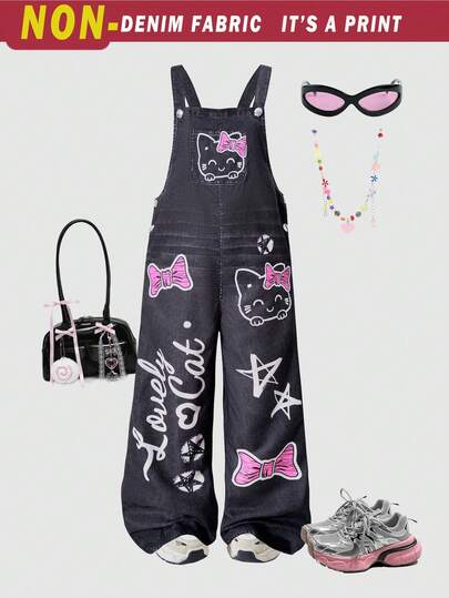 SHEIN Sparklyn Retro American Patchwork Print Casual Sports Street Graffiti Print Denim Loose Straight Leg Relaxed Fit Bib Overall Pants