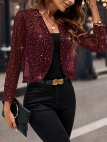 Editum Women's Autumn Shiny Long Sleeve Open Front Short Fashion Jacketfall/Winter Elegant Halloween New Year Party - Burgundy - View 5