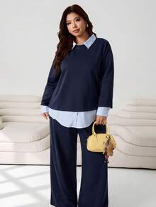 Solflare 2025秋冬休闲套装，百搭条纹衬衫叠穿卫衣长裤套装，宽松版型，藏蓝色，大码两件套 - 彩色 - 查看 9