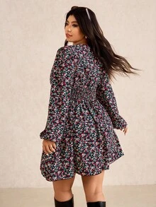Elaquor Plus Size Casual Vacation Ditsy Ditsy Floral Cinched Waist Lantern Sleeve Dress, Autumn Women Floral Dress Picnic Dress Ditsy Floral Dress Long Sleeve Floral Dress