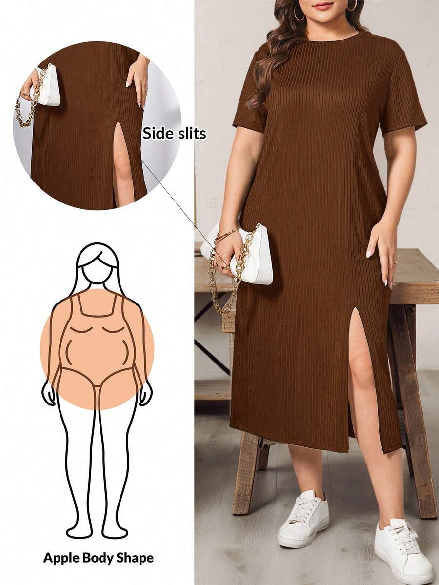 Shapeblank 大码女装春夏时尚休闲宽松舒适日常基本款黑色短袖开衩中长连衣裙，女装夏季服装，女装教堂服装，老钱风格女装，女装端庄连衣裙 - 棕色 - 查看 1
