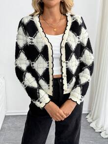 SHEIN PETITE Áo len cardigan họa tiết kim cương phong cách Pháp tối giản dành cho nữ - Đen và trắng - Xem 4