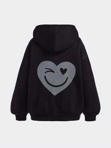 SHEIN Girlism 3 件套青少年女孩秋冬黑色针织连帽衫，心形和脸部印花，黑色图案背心，仿牛仔工装裤