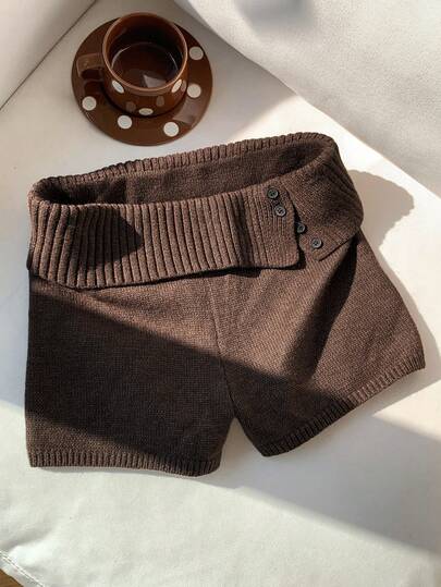 Comfortcana Women's Rib-Knit Casual Coffee Brown Mini Sweater Shorts In Plain Knitwear Brown Shorts Knit Shorts Shorts Elegant Shorts Autumn Winter Clothes For Women