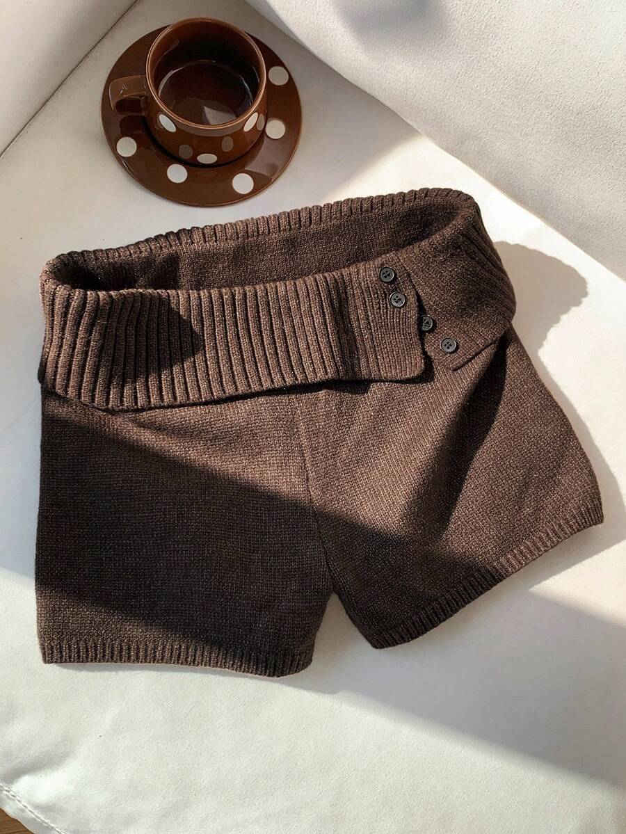 Comfortcana Women's Rib-Knit Casual Coffee Brown Mini Sweater Shorts In Plain Knitwear Brown Shorts Knit Shorts Shorts Elegant Shorts Autumn Winter Clothes For Women