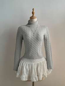 Elamini Áo len dệt kim cổ cao có dây rút thường ngày cho nữ/bé gái - Màu Xám nhạt - Xem 3