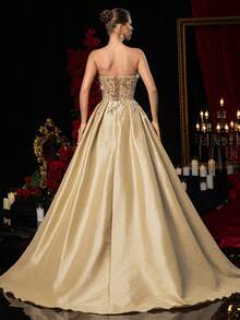 Glamrae Elegant Luxurious Beaded & Sequin Floral Sexy Strapless Mermaid Maxi Dress With High Slit, Suitable For Weddings, Events, Parties, Vacations, Galas (Heavy Embellishment) Gown