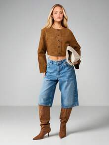 MISSGUIDED Veste  court, à boutons, manches longues, pour l'automne et l'hiver - Tabac - Voir 3