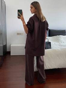 Livesso Western Style Beach Vacation Solid Color Faux Denim Linen Loose Casual 2-Piece Set For Women, Spring - Rust Brown - View 6