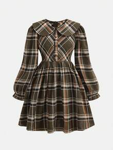 青少年女孩宽松休闲简约舒适翻领格子长袖连衣裙 - 卡其色 - 查看 5