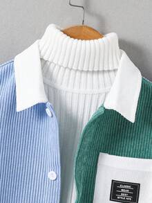 Kids Boy Casual Everyday Comfortable Patchwork Contrast Color Letter Embroidered Hooded Long Sleeve Woven Shirt, Suitable For School, Garden, Beach, Birthday, Spring, Summer, Fall, Winter