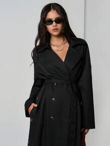 SHEIN TRNDY 1pc Women's Black Trench Coat, Cinched Waist Waist, Double-Breasted, Side Slits, Lapel Collar, Loose Long Sleeve, Casual & Versatile, Autumn/Winter - Black - View 4