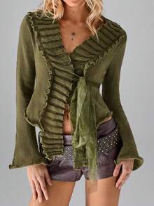 SHEIN TRNDY 1 Áo khoác cardigan cổ chữ V màu xanh ô liu dành cho nữ, thiết kế đa năng độc đáo với dây buộc chéo ở eo, tay chuông, thường ngày cho mùa thu/đông - Màu xanh Ô liu - Xem 4