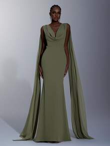 Elitara Elegant Formal Dinner Wedding Guest Olive Green Autumn Evening Party Prom Bridesmaid Maxi Dress Chiffon Draped Neck Rhinestone Fish Tail - Olive Green - View 3