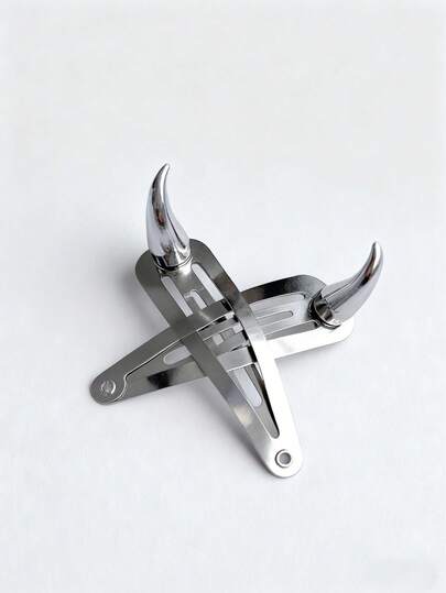 Grunge Punk 2pcs Punk Devil Horn Style Hair Clips, Y2K Minimalist Solid Color Silver Metal BB Hair Clips, Creative Versatile Hair Accessories, Halloween