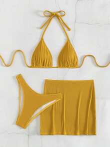 Bonvoyette 女性夏季海灘純色頸掛比基尼套裝，連裙套裝3入組