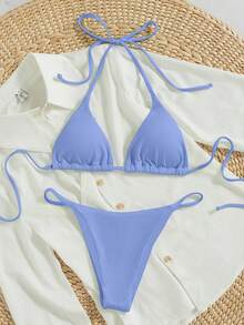 SHEIN Swim 2026 Spring/Summer Women's Vacation Special Fabric Spaghetti Strap Halter Blue Sexy Thong Bikini Two Pieces Swimsuit - Blue - View 5