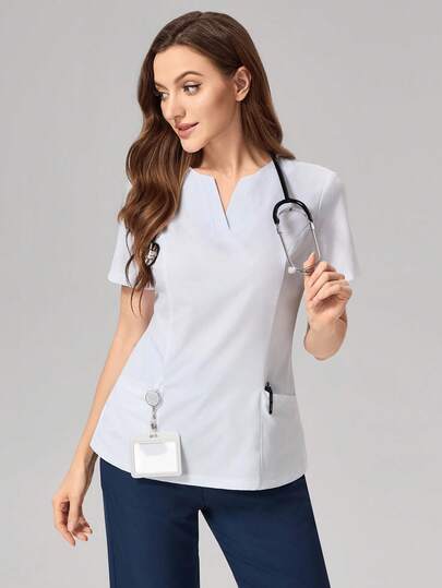 TaskEZ 纯色短袖缺口领修身护理/手术服上衣，女护士手术服 2 口袋交叉手术服上衣护士连衣裙手术服上衣手术服下装实验室外套手术服外套跑步护士和制服手术服洗手口袋透气