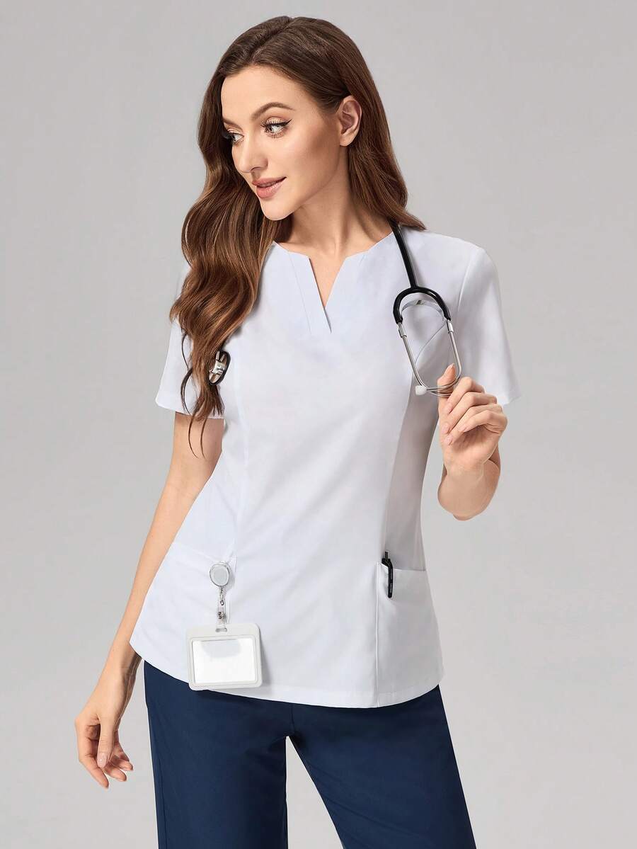 TaskEZ 纯色短袖缺口领修身护理/手术服上衣，女护士手术服 2 口袋交叉手术服上衣护士连衣裙手术服上衣手术服下装实验室外套手术服外套跑步护士和制服手术服洗手口袋透气 - 白色 - 查看 1