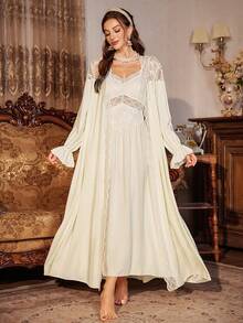 PalaceNights 复古宫廷风蕾丝长袖睡袍+吊带睡裙女士睡衣套装，蕾丝睡衣睡袍套装，冬季服装 - 杏色 - 查看 4