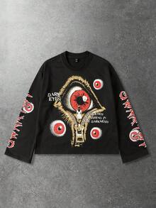 ROMWE MEN Street Life 男士休闲眼睛字母印花长袖T恤，街头风 - 黑色 - 查看 1