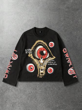 Street Life Camiseta de manga larga casual con estampado de ojos y letras para hombre, estilo urbano