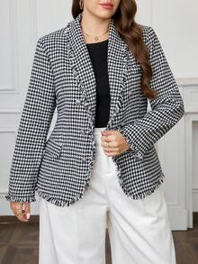 SHEIN Clasi 大码千鸟格西装外套，秋季通勤时尚单品 - 黑與白 - 查看 5