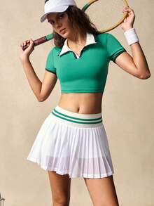 VARSIVA Sports Women Dress Women's Summer Contrast Binding Collar Short Sleeve Cropped T-Shirt And Pleated Mini Skirt Tennis Outfit Tennis Dress Tummy Control Tennis Skirt Set Golf Women Set Tennis Dress Set Golf Skirt Set, Suitable For Spring Summer Fall Winter And All Seasons, Casual Gym Yoga Outdoor Holiday Vacation Yoga - Multicolor - View 5