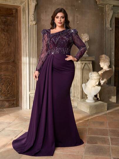 Glamrae Plus Size Elegant Romantic Purple Asymmetric Neckline Long Sleeve Sheer Luxury Beaded Patchwork Elastic Fabric Waist Ruched Side Slit Mermaid Hem Formal Gown (Heavily Embellished Design)
