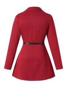 SHEIN 新款优雅法式红色长袖西装连衣裙，正式场合设计感百褶连衣裙，别致女神翻领双排扣长袖连衣裙 - 酒紅色 - 查看 2