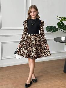 SHEIN Tween Girl 优雅经典豹纹印花立领羊腿长袖 A 字连衣裙，适合秋冬秋冬连衣裙，适合日常休闲穿着，非常适合休闲和日常穿着和学校日常穿着、优雅派对或生日派对、圣诞派对、妈妈和女儿搭配、姐妹和我搭配 - 黑色 - 查看 5