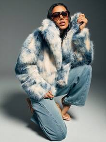 Denimoi 仿皮草大衣 超大领落肩大衣 仿皮草大衣 秋冬大衣 时尚 - 藍白色 - 查看 4