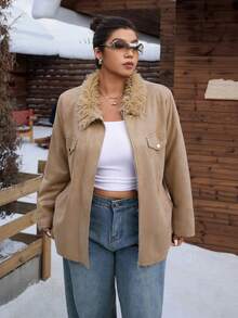 SHEIN EZwear Plus Size Casual Zip-Up Fleece Collar Jacket, Autumn/Winter - Brown - View 4