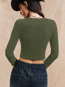 Easelle 女式针织紧身圆领长袖T恤，带孔眼设计 - 軍綠色 - 查看 2