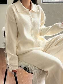 DAZY Women's Solid Color Knitted Loose Fit Pajama Set, Autumn/Winter - White - View 7