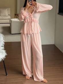 DAZY Women's Romantic Ruffle Trim Waist Knit Pajama Set, Autumn, Winter Clothes - Pink - View 5