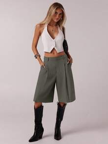 SHEIN Forever 21 Women's Minimalist Commuter Gray Bermuda Shorts, Spring - Army Green - View 3