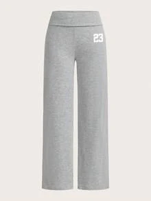SHEIN EZwear 2 件套女式休闲高腰卷边阔腿直筒裤，黑色和灰色，23 种印花图案；适合所有季节，包括夏季、秋季和冬季；复古、可爱、柔和的女孩风格；非常适合居家、返校和秋季穿着；百搭、简约、时尚、舒适别致的女士运动装 - 彩色 - 查看 9