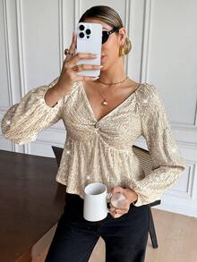 Serisse Blusas Elegantes para Mulheres, Blusa Fashionista com Lantejoulas Twist para Festa, Adequada para Uso Diário. Novos Lançamentos de Outono e Inverno, Volta às Aulas, Outono, Blusas Fofas, Blusas para Sair, Old Money, Casual Business para Mulheres, Outono para Mulheres, Homecoming - Damasco - Visão 2