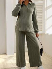 SHEIN 2pcs Maternity Solid Color Casual Long Sleeve Shirt And Pants Set