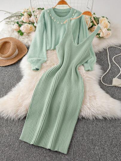 SHEIN Clasi Elegant Mint Green Knit Set For Autumn/Winter, Featuring A Sophisticated Pearl Collar Top And Slimming Vertical Striped Camisole Dress, A Chic And Refined Outfit For The Season