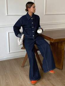 DAZY 女式休闲牛仔夹克（带领和口袋）和裤子套装，秋冬 - 藍色 - 查看 6
