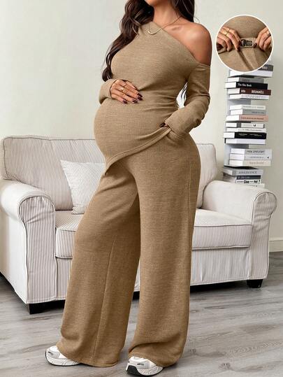 SHEIN Set de top y pantalones casuales asimétricos de maternidad, otoño