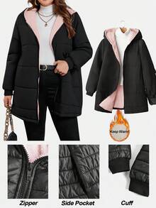 SHEIN Clasi 加大码保暖内衬黑色棉服外套，百搭冬季长袖 - 彩色 - 查看 11