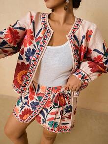 Travachic Conjunto de 2 peças de jaqueta e saia-calça plus size feminina com estampa floral damasco, roupa romântica para encontros de outono/inverno - Damasco - Ver 8