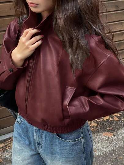 Dazy Plus Chaqueta de cuero vintage nueva de primavera/otoño, estilo corto, ajuste regular, talla grande, adecuada para mujeres